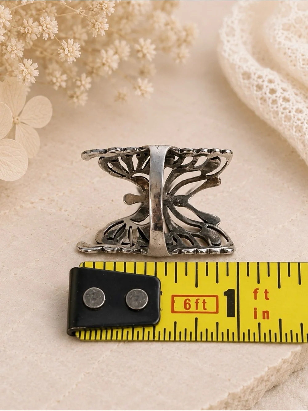 Silver Metal Marcasite Large Butterfly Ring Size 9.5